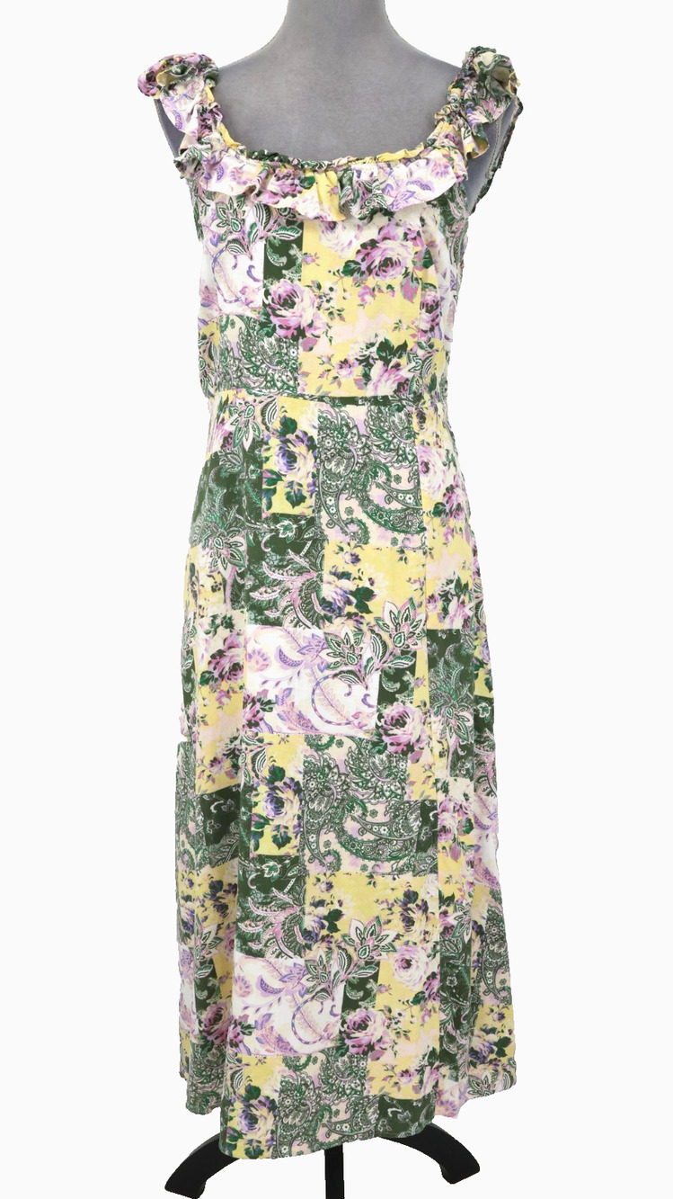 Loft Dress Womens Medium Green Yellow Floral Cotton Rayon Back Zip Ruffle Trim